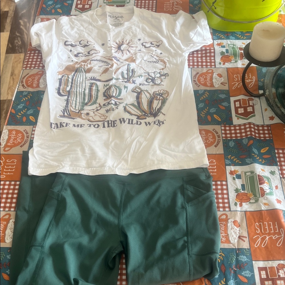 Western Graphic Tee and Green/purple leggings
